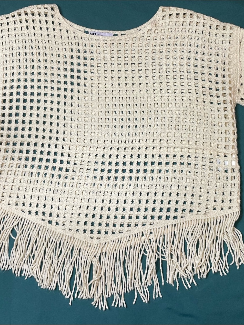 Open Knit Swim Cover-up Cream Women's Sweater Top Fringe Trim